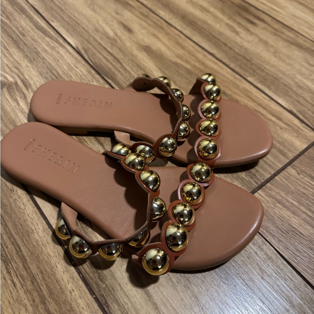 SHEIN Tan Sandals with Bold Gold Spheres
